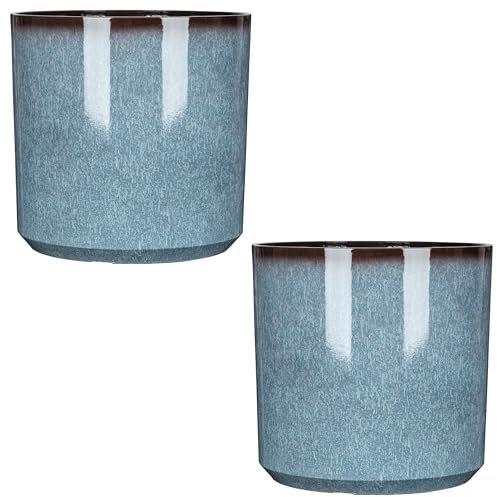 Garden Gear Blue Glazed Cylinder Planters 26cm Diameter Flower Pot Indoor and Outdoor Patio Pathway Durable Pots (2)