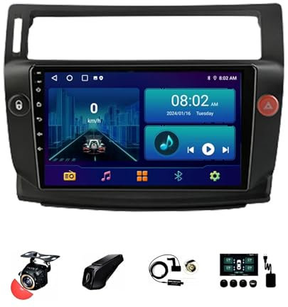 BOJONTN 9 Pulgadas Android 13 Doble DIN Radio de Coche para Citroen C4 2004-2009 con CarPlay inalámbrico GPS Navi Cámara de Respaldo Controles del Volante Bluetooth(B,T1[1+16G])