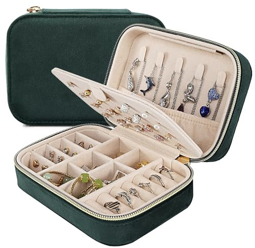 Dajasan Reise Schmuckkästchen, Klein Schmuckaufbewahrung, Schmuckschatulle für Damen Mädchen, Samt Schmuckbox, Schmuck Organizer für Ringe, Ohrringe, Halskette, Armbänder (Grün)