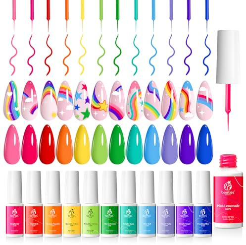 Beetles Rainbow Gel Polish Set - 12 Colors Neon Nail Art Liner With Built-in Brush, Soak Off UV Kit for Swirl Manicure Design - Gift for Girls CL234