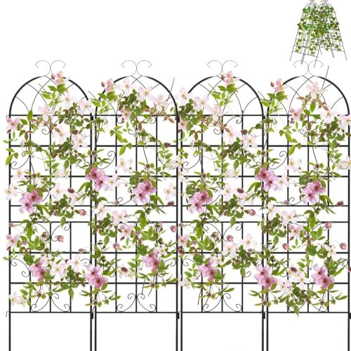 TANGZON 180cm/220cm Tall Metal Garden Trellis for Climbing Plants, 2/4 Pack Fence Trellis Panels, 2-in-1 Retro Style Cucumber Trellis, Decorative Plant Support Stand for Rose Ivy (4PCS, 50 x 180 cm)