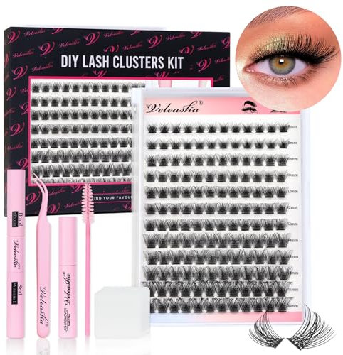 Veleasha Wispy Lash Clusters Kit 144PCS DIY Eylash Extension Kit Eyelash Cluster Cluster Lashes D Curl Cluster Eyelash Extension with Lash Bond and Seal DIY at Home for Beginners(PinkSnow Kit-8-16mm)