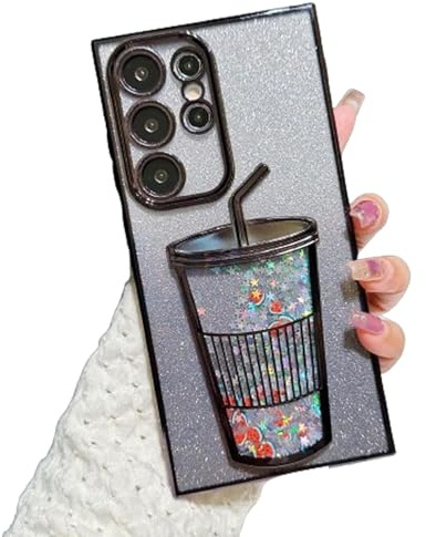 Transparent 3D Milk Tea Cup Soft Mobile Phone Case, Gradient Glitter Quicksand Milk Tea for Samsung S24/S23/S22 Ultra (Black,S23)