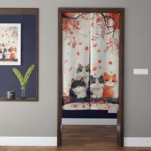 ChangTsing Japanischer Stil dick Leinen Noren Lang Vorhänge 70 x 120 cm Baumwolle und Leinen Japanischer Türvorhang Süße Katze - 8 für Küche, Schlafzimmer, Badezimmer