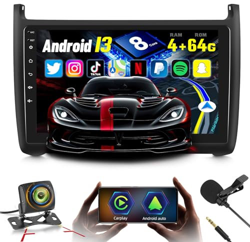 8 Core 4G+64G Android 13 Autoradio per VW Volkswagen Polo 2008-2020, Wireless Carplay e Android Auto 9 Pollici 2 Din Touchscreen Auto Stereo con WIFI/GPS/Bluetooth 5.0/32 EQ DSP/FM RDS