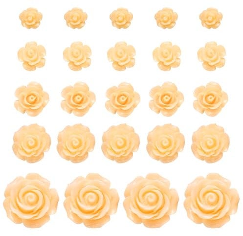 sourcing map 60 Pcs Champagne Gold Resin Rose Flower Beads, 5 Size Flatback Flower Charm Opaque Carve Rose Beads No Hole for DIY Jewelry Making Nails Sunglasses Shoe Hair Clip Home Decor