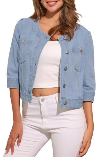 Allegra K Women's Casual Denim Jacket 3/4 Sleeve Collarless Cardigan Button Up Cropped Jean Jackets, Light Blue, XS