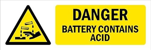 Danger, Battery Contains Acid, warning sign - Self adhesive sticker (150mm x 50mm)