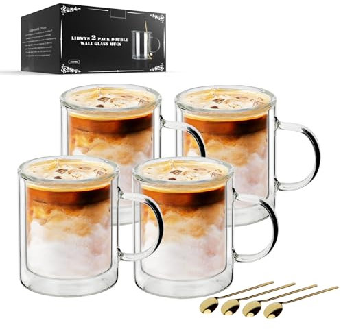 LIBWYS 12oz Double Wall Coffee Mugs (4-Pack) - Insulated Borosilicate Glass Cups with Handle for Espresso, Cappuccino, Latte - Heat Resistant, Dishwasher Safe Hot/Cold Beverage Glasses 350ml