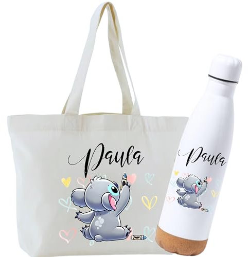 Weprintfy. | Bolso Personalizado Mujer y Botella Agua Acero Inoxidable 750ml | Diseño Exclusivo Koala con Nombre | Pack Regalo Original Cumpleaños, Niña, Amiga, Madre, Profesora