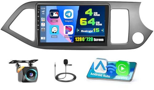 4+64G Android 15 Car Stereo for Kia Picanto Morning 2011-2017,9 inch IPS 1280 * 720 Touch Screen Radio Wireless Apple Carplay Android Auto DSP 5G WiFi Bluetooth GPS FM RDS+Free AHD Backup Camera