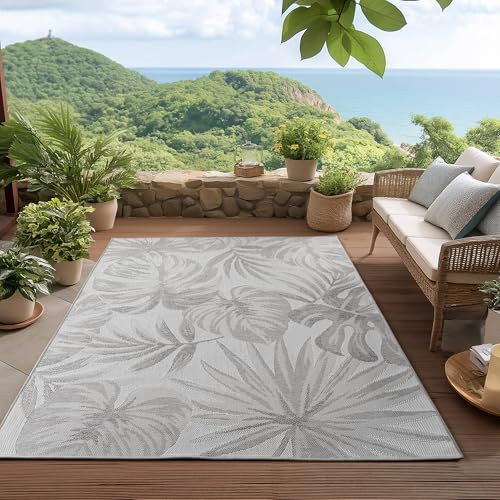 HomebyHome Outdoor Teppich Grau 120x170 cm, Wetterfest & UV-beständig, ideal für Küche, Balkon, Terrasse, Garten auch Wohnzimmer und Esszimmer, Palmblätter-Design, Leicht zu Reinigen