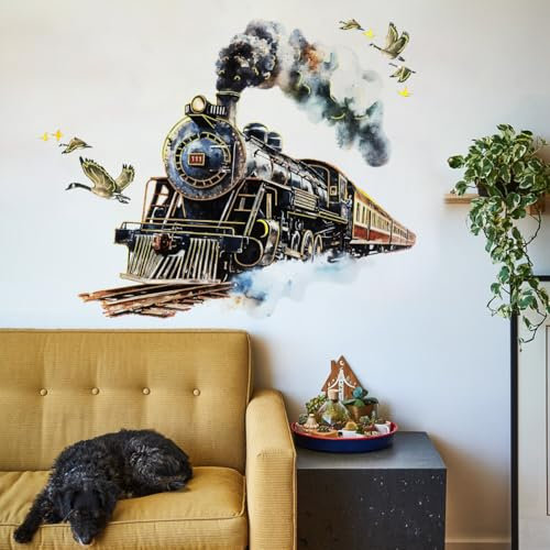 WandSticker4U®- Edeles Wandtattoo EISENBAHN mit goldenen Konturen (69x64 cm) I Wanddeko Dampfzug Zug groß Aufkleber I Wandsticker Schlafzimmer Erwachsene Wohnzimmer Küche Bad Flur