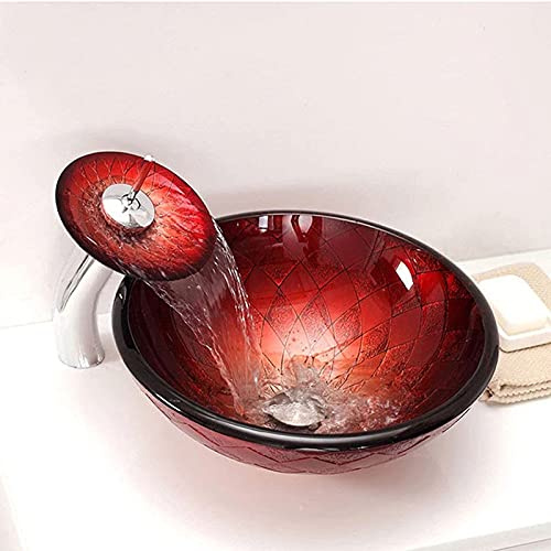 IYUESQ Vasque à Poser Artistique en Verre trempé Rouge, Vasque à Poser avec bonde escamotable, pour Meuble-lavabo, A