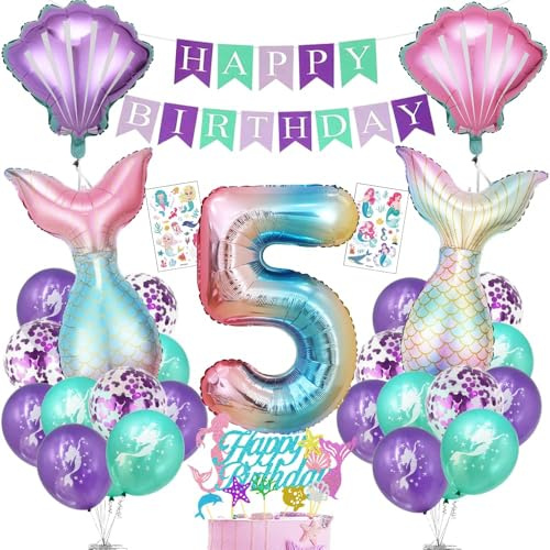 Cadimus Meerjungfrau Geburtstag Deko 5 Jahre, Meerjungfrau Deko Kindergeburtstag, Geburtstagsdeko Mädchen 5 Jahre, Folienballon Meerjungfrauen 5 mit Happy Birthday Banner für Meerjungfrauen Party