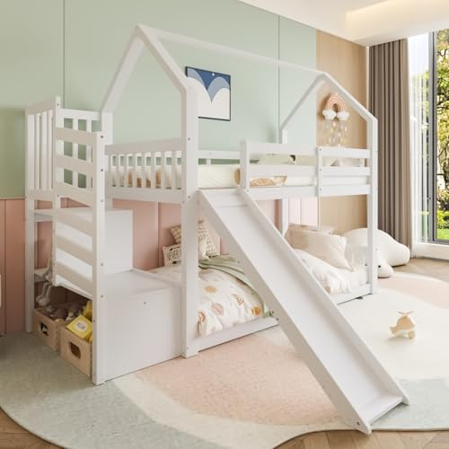 EURHCIO Lit Superposé 90x200cm,Lit Cabane avec Toboggan,Escalier de Stockage,Barrières Hautes,Sommier à Lattes Solide,pour Garçons Filles(Blanc)