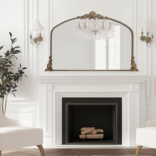G-LEAF Bogen-Wandspiegel, Antiker Spiegel im Barockstil, 101.6cm x 76.2cm, Metallrahmen mit Perlenverzierung, Großer moderner Spiegel für Eingangsbereich, Badezimmer oder Schlafzimmer, Vintage Schwarz