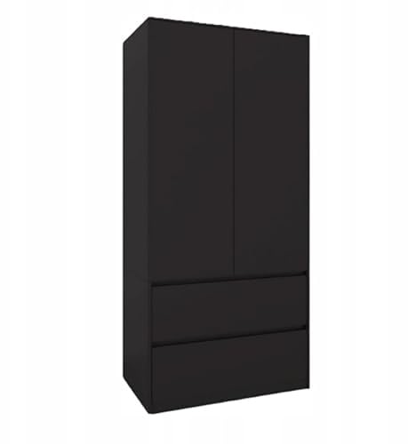 SerwisBox Moderner Kleiderschrank in Schwarz, 90cm Breit, 180cm Hoch, Laminierte Platte, 2 Schubladen, 2 Türen mit Kleiderstange und Einlegeböden, Schlafzimmerschrank
