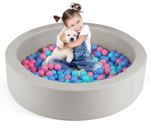 GOPLUS Piscine a Balle pour Bébé en Mousse 105x24 CM avec 200 Balles, Piscine a Balle pour Enfant Rond, Lavable en Machine, Motif Étoile, Aire de Jeux pour Tout Petit Intérieur, Gris/Rose