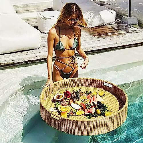 Bandejas flotantes para servir mesa redonda, bandeja flotante, flotadores de piscina, para bares de arena, spas, baños y fiestas | Bandeja de piscina flotante para servir bebidas Beige-60*60*20cm