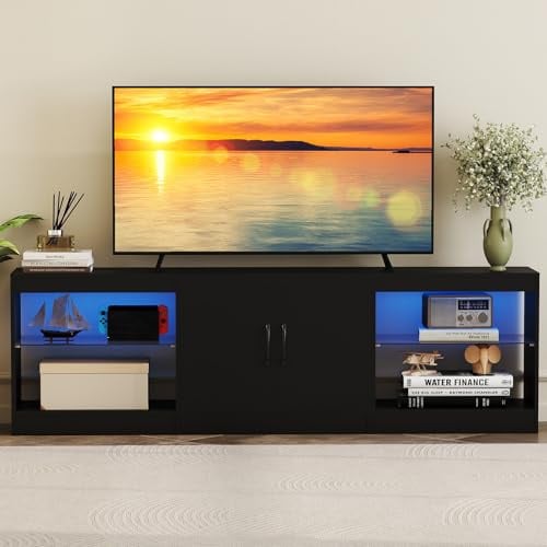 GIANTEX Meuble TV 3 PCS Modulaire, Banc TV 85 Pouces avec Lumières LED, Étagères de Rangement en Verre Réglables, Meuble Tele Moderne pour Chambre, Salon, 195 x 30 x 55 cm, Noir