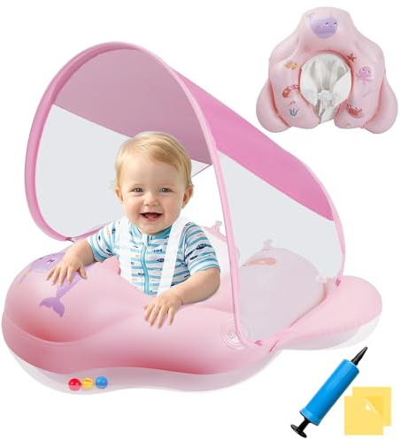Schwimmring Baby mit Sonnendach Ninonly Baby Wasserspielring mit UPF50+ Sonnenschutz Verstellbares Design Wasser Spielzubehör für Kleinkinder 12-36 Monate Undurchsichtig Rosa