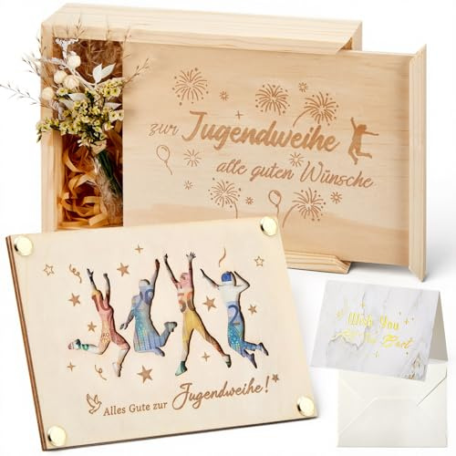Maitys Set de 4 Regalos de Dinero de Madera para Ceremonia de Juventud Incluye Caja, Tarjeta de Madera, Tarjetas de Felicitación, Flores Secas, Envoltorio, Decoración para Niños