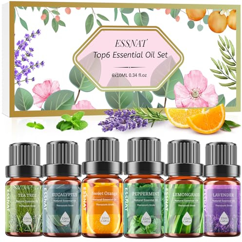 ESSNAT Klassisch Ätherische Öle Set,6 x 10ML Aromatherapie Duftöl GeschenkSet,Naturliche Duftöle für Diffuser Luftbefeuchter DIY Seife, SPA,Kerzen -Süßorange,Lavendel,Minze,Eukalyptus,Teebaum