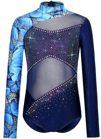 Monduelle Mädchen Turnanzug Glitzer Gymnastikanzug Blumendruck Ballettanzug Langarm Ballett Trikotanzug Gymnastik Leotard Wettbewerb Tanzkostüm