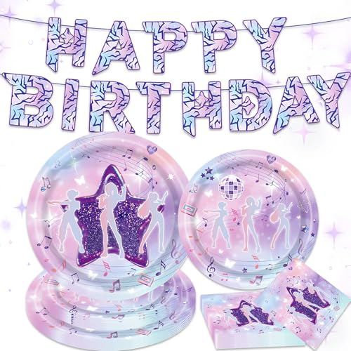 53PCS Purple Singer Stars Party Plates Napkins Birthday Banner Supplies | Y2K Concert Movies Fans Prom Party Decoration Service 16 Guests