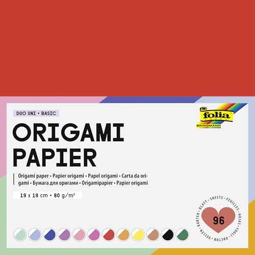 folia 9170 - Origami Papier DUO UNI BASIC, 19 x 19 cm, 80 g/m², 96 Blatt sortiert in 12 Farben, DIY Faltblätter zum Papierfalten und für andere kreative Bastelarbeiten