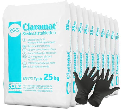 Claramat Siedesalz Tabletten 10 x 25kg (250kg) Siedesalztabletten Regeneriersalz Enthärtersalz inklusiv 1 Paar ARNOMED Einweghandschuh