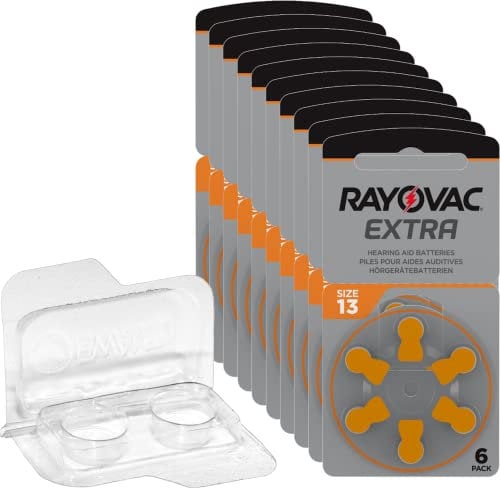60x Rayovac Extra Advanced 13 Hörgerätebatterien 10x6er Blister PR48 Orange 24606 + Aufbewahrungsbox für 2 Hörgerätebatterien (10, 13, 312, 675), Batteriebox für 2 Knopfzellen bis 12 mm x 6 mm (Ø x H)