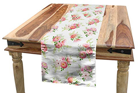 Lunarable Shabby Flora Tischläufer Rose Ranunculus Magnolie und Pfingstrose Romantischer Blumenstrauß Frühlingsblumen Esszimmer Küche rechteckiger Läufer 40,6 x 182,9 cm, rosa Farn