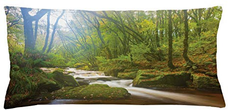 ABAKUHAUS Grün Kissenbezug, Wald in Golitha Falls, Dekokissenhüllen Waschbar Inn/Outdoor Beidseitiger Druck mit Reißverschluß, 90 x 40 cm, Grün Hellbraun