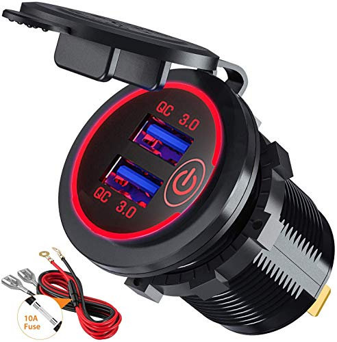 GemCoo QC 3.0 USB Auto Steckdose KFZ Ladegerät 12 V/24 V 36 W mit Touch Schalter Zwei Quick Charge 3.0 Ladeports Schnellladung für Fahrzeuge KFZ Boot Motorrad LKW Wohnwagen Marine,Rot
