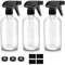 Glass Spray Bottles, 16oz Refillable Containers, Empty Boston Round Bottles with Labels & Adjustable Nozzle for Cleaning, Gardening, Aromatherapy, Pets, Plant, Hair -Clear (3 Pack)