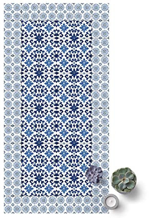 Bilderwelten Vinyl-Teppich - Marokkanische Fliesen Florale Blaupause mit Fliesenrahmen 80×40 cm Vinyl