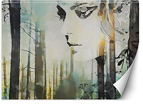 Feeby Fototapete XXL Weibliches Gesicht Wald 254x184 cm Grün Vliestapete Moderne Design Wandtapete Küche Flur Wohnzimmer Büro Badezimmer Kinderzimmer Abstrakt Aquarell