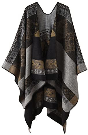 Sisifa Damen Boho Pullover Poncho Schal Wrap Cape Mantel Winter Herbst Vintage Print Stricken vorne offene Strickjacke Decke