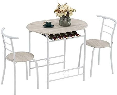 VINGLI 3 Piece Dining Set,Small Kitchen Table Set for 2,Breakfast Table Set,Kitchen Wooden Table and 2 Chairs for Small Space/Dining Room/Apartment,Metal Frame,Wine Rack,White&Light Oak