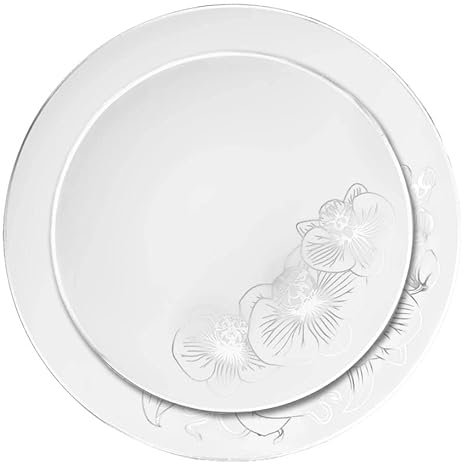 Decor Decorline - 32 Piatti Eleganti in Plastica Rigida Riutilizzabili per 16 persone - Collezione Orchid - Bianco/Argento- Piatti per la cena e il dessert - 2 misure (16x26cm, 16x19cm)