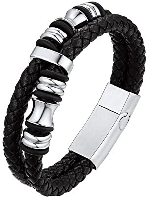 Bestyle Herren Armband Leder Silber Flechtarmband Männer 19cm Wickelarmband mit Magnet Verschluss
