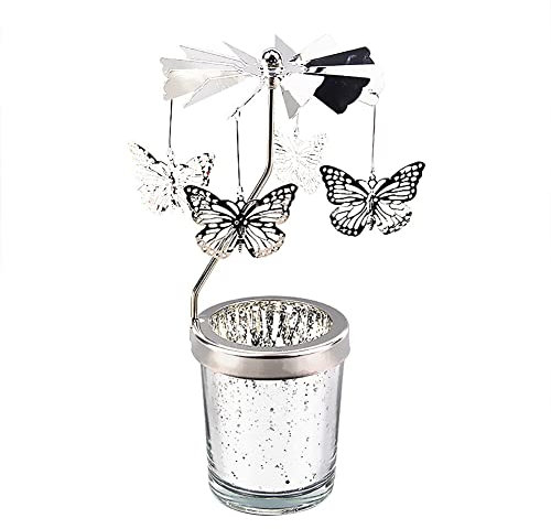 Rotierender Kerzenhalter Glas, Karussell Teelicht Teelichthalter Motiv Schmetterling Spinnen Teelicht Kerzenhalter Kerzenständer Weihnachtsdeko für Geburtstag Hochzeit Deko Wohnzimmer Tischdeko