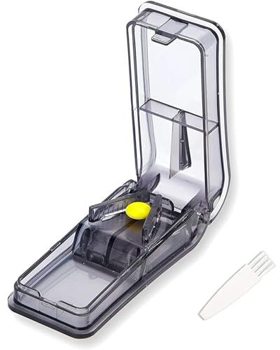IZyufan Tablettenteiler, Medikamententeiler für Kleine und Große Tabletten, Pillenteiler mit Tablettenaufbewahrungsfach, Teilt Pillen Exakt, für Tabletten in ein Halbes Viertel Schneiden (Grau)