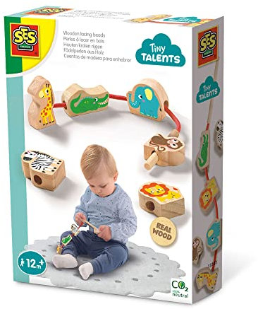 SES Creative 13141 Fädelperlen-Tiere aus Holz, Motorikspielzeug für Kleinkinder
