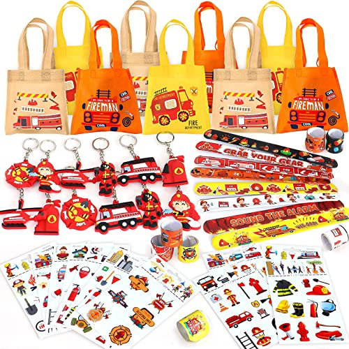 Latocos Feuerwehrmann Party Mitgebsel Kindergeburtstag Geschenk Tasche Feuerwehrleute Feuerwehrauto Hubschrauber Schlüsselanhänger Schnapparmband Tattoos Feuerwehr Spielzeug für Jungen