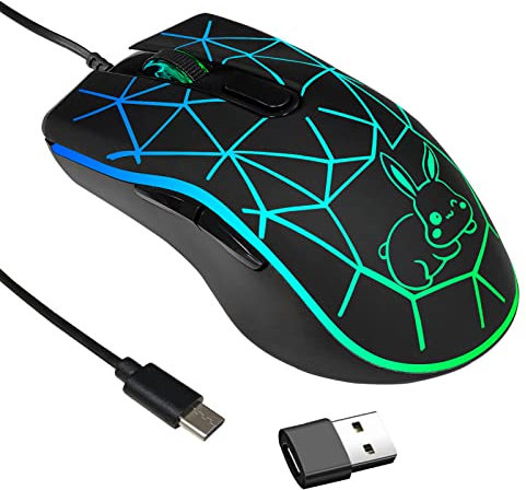 IULONEE Kabelgebundene Gaming Maus USB C geräuscharmes Klicken 7 Farben Hintergrundbeleuchtung optische Typ-C Gaming Maus mit 2400 DPI und 6 Tasten für PC Computer Laptop Desktop Mac Black