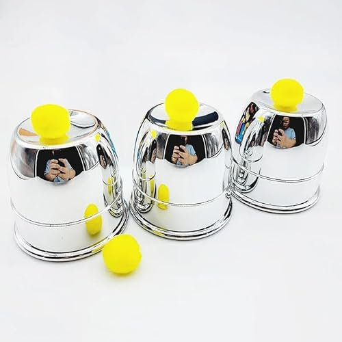 MOMOMAGE Cups and Balls (Plastic, Plated Silver) Magic Tricks Three Chop Cup Ball Appearing Vanishing Stage Close up Illusions Gimmicks for Magicians