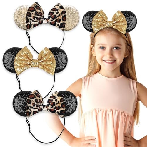 Minnie Ears Headbands, 3PCS Shiny Sequin Bow - Elastic and Adjustable Headband Headache Free - Mouse Ears For Girls Glitter Minnie Ears for Women (Leopard Print)